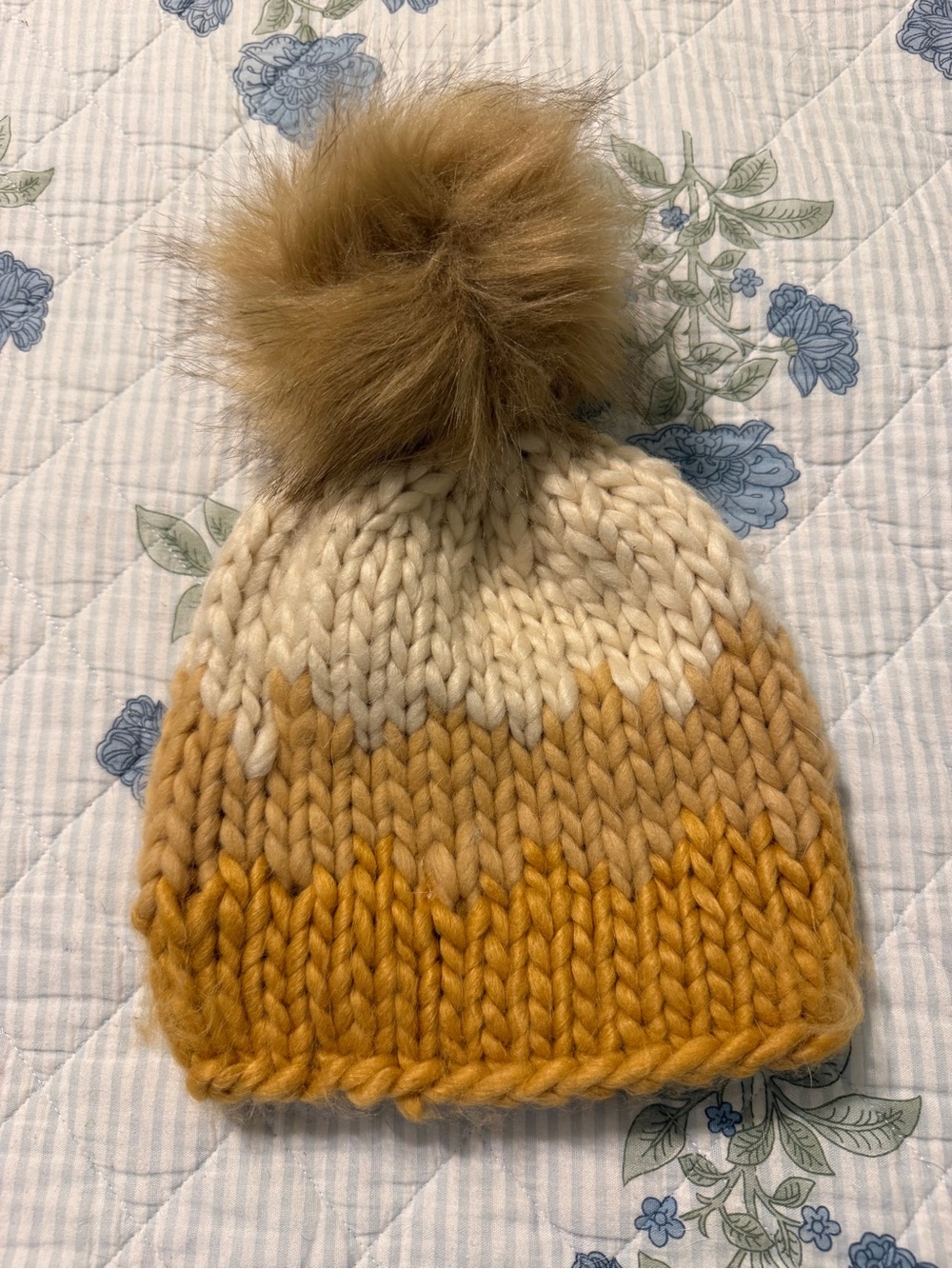 Shiraleah Mustard and Cream Chunky Knit Beanie with Faux Fur Trim
